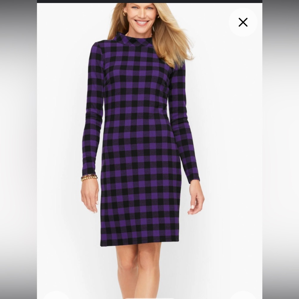 $109 Talbots purple & black buffalo plaid sheath dress  with back buttons Sz 6 8